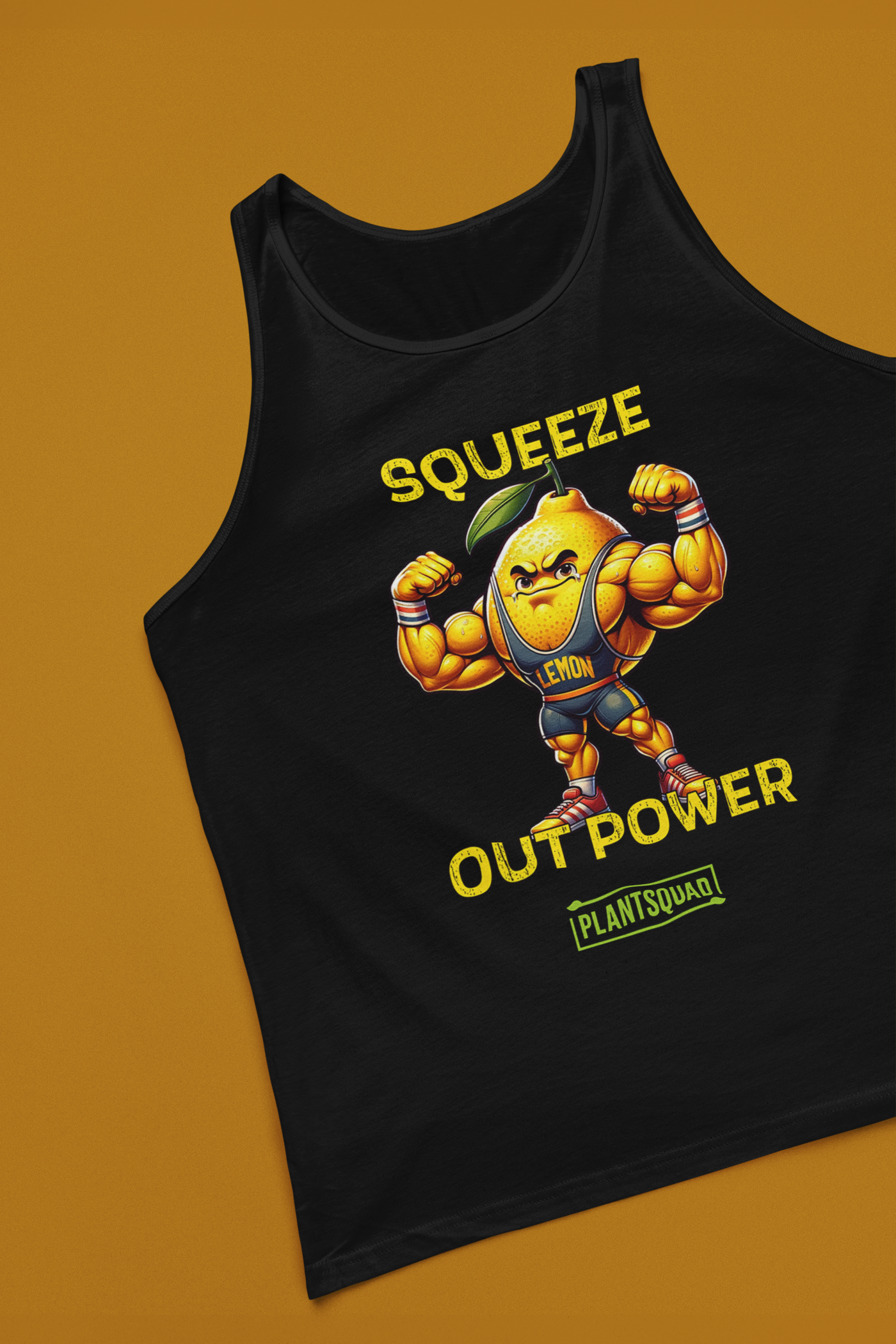 A Plantsquad Lemon "Squeeze Out Power" - Unisex Tank Top featuring a muscular cartoon lemon flexing its arms. The text above the lemon reads "SQUEEZE OUT POWER," and below it is "PLANTSQUAD." Perfect for anyone embracing a plant-based lifestyle, the lemon character is wearing a headband and sneakers.