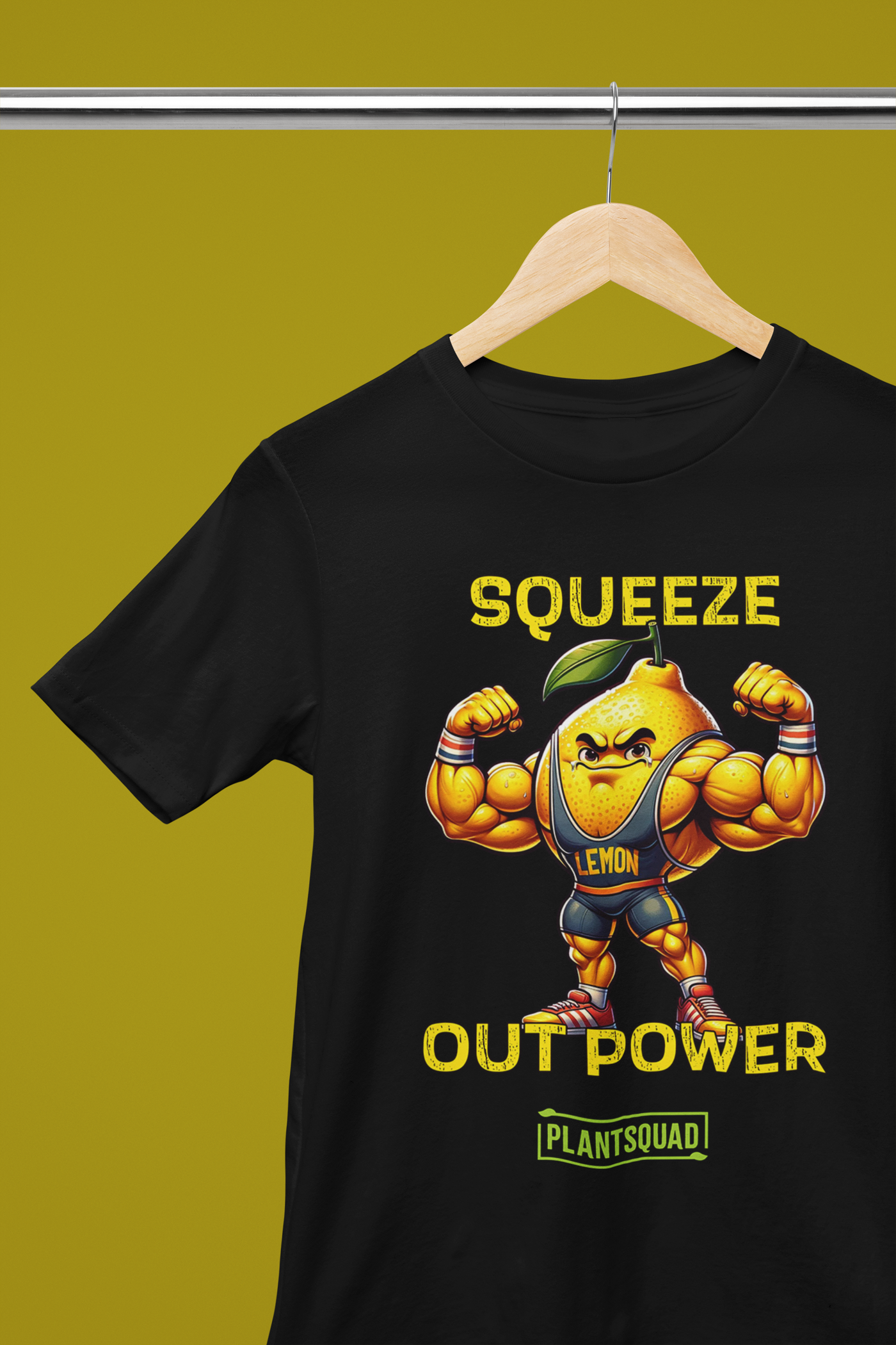 A black Plantsquad Lemon "Squeeze Out Power" - Unisex T-Shirt featuring a muscular lemon character flexing its arms with the text "Squeeze Out Power" in yellow. Perfect for fitness enthusiasts and those embracing a vegan lifestyle, the word "LEMON" appears on the character's chest, with "PLANTSQUAD" in a green box at the bottom.