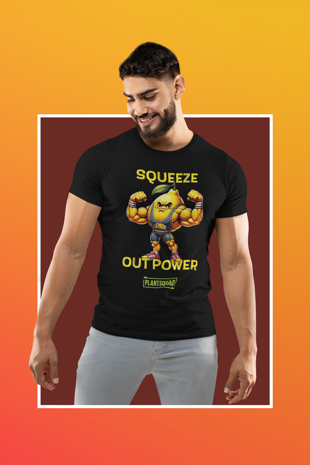 A black Plantsquad Lemon "Squeeze Out Power" - Unisex T-Shirt featuring a muscular lemon character flexing its arms with the text "Squeeze Out Power" in yellow. Perfect for fitness enthusiasts and those embracing a vegan lifestyle, the word "LEMON" appears on the character's chest, with "PLANTSQUAD" in a green box at the bottom.