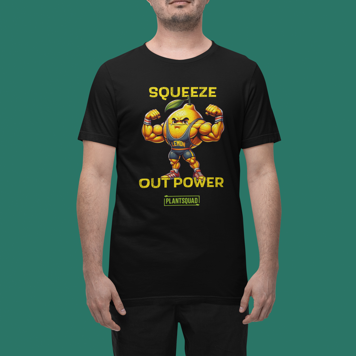 A black Plantsquad Lemon "Squeeze Out Power" - Unisex T-Shirt featuring a muscular lemon character flexing its arms with the text "Squeeze Out Power" in yellow. Perfect for fitness enthusiasts and those embracing a vegan lifestyle, the word "LEMON" appears on the character's chest, with "PLANTSQUAD" in a green box at the bottom.