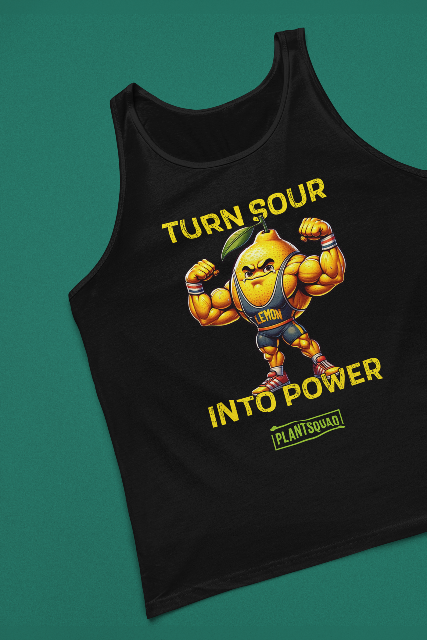 Black tank top with a muscular cartoon lemon flexing its arms. The lemon has a leaf on its head and is wearing a blue singlet labeled "LEMON." The text reads: "TURN SOUR INTO POWER," with a logo at the bottom reading "PLANTSQUAD." Perfect breathable workout tank for your plant-based lifestyle. Introducing the Plantsquad Lemon "Turn Sour Into Power" - Unisex Tank Top.