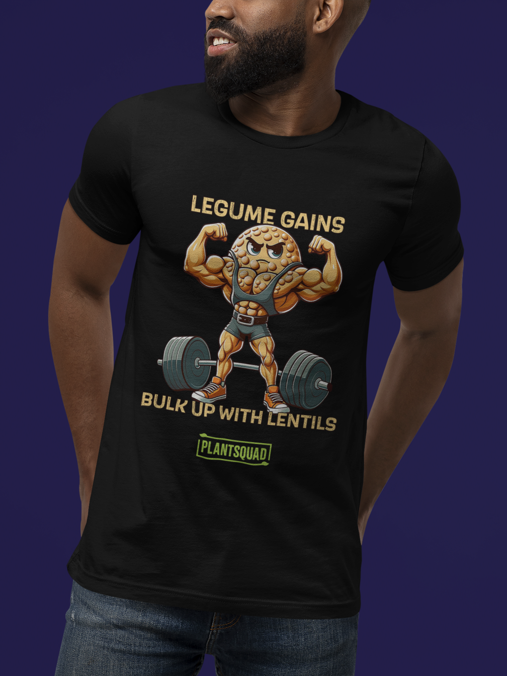 A black Plantsquad Lentil "Legume Gains Bulk Up With Lentils" - Unisex T-Shirt featuring a muscular cartoon lentil character lifting heavy weights. The text above reads "LEGUME GAINS" and below reads "BULK UP WITH LENTILS." Perfect for fitness enthusiasts embracing the vegan lifestyle, it boasts breathable fabric. The logo "PLANTSQUAD" is displayed at the bottom.