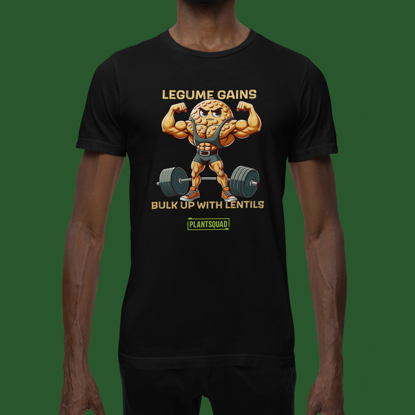 A black Plantsquad Lentil "Legume Gains Bulk Up With Lentils" - Unisex T-Shirt featuring a muscular cartoon lentil character lifting heavy weights. The text above reads "LEGUME GAINS" and below reads "BULK UP WITH LENTILS." Perfect for fitness enthusiasts embracing the vegan lifestyle, it boasts breathable fabric. The logo "PLANTSQUAD" is displayed at the bottom.