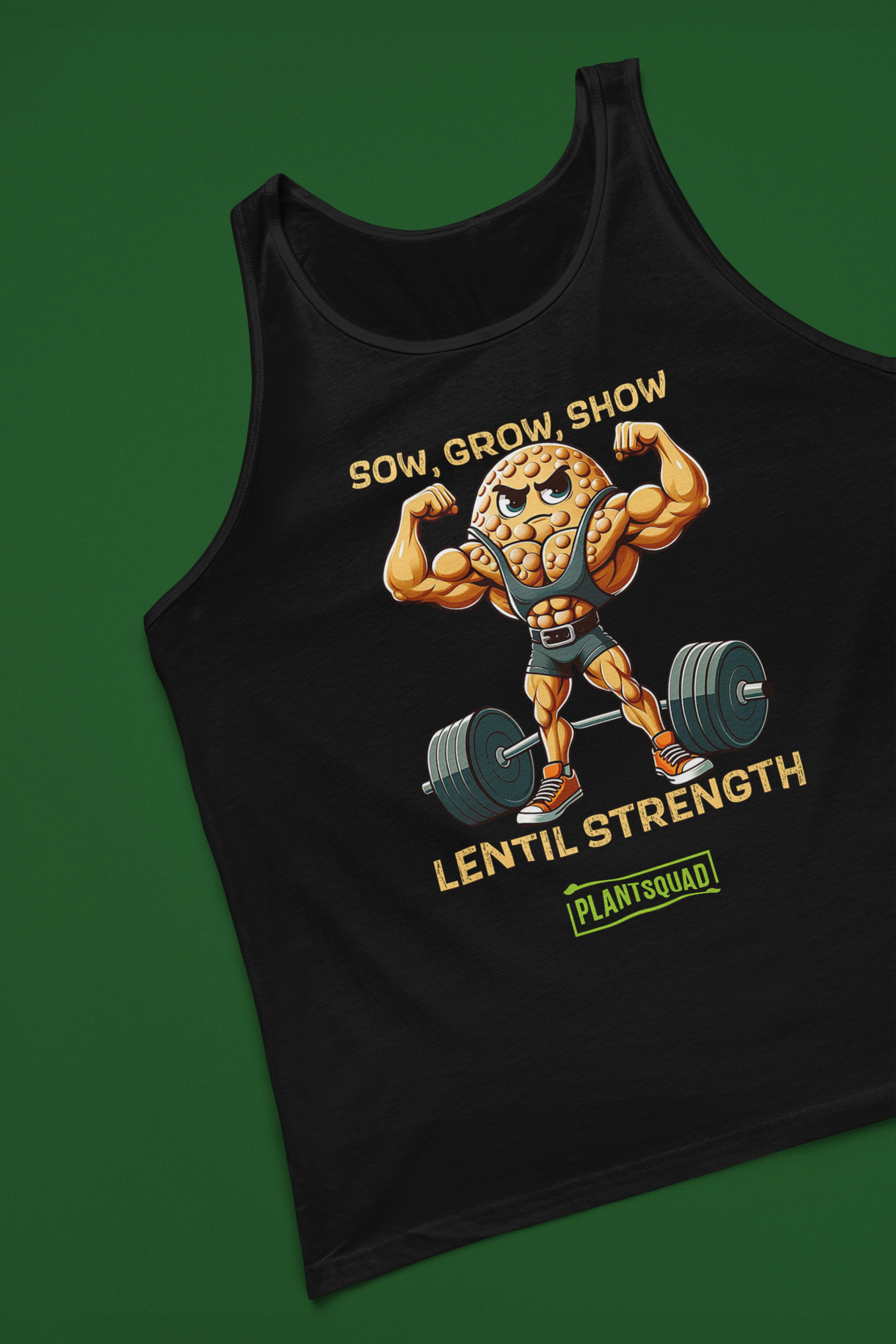 A black Plantsquad Lentil "Sow Grow Show Lentil Strength" - Unisex Tank Top featuring a cartoon lentil character with muscular arms lifting a barbell. The text above reads "Sow, Grow, Show" and below, "Lentil Strength." At the bottom, there's a green PLANTSQUAD logo. Perfect for those embracing a vegan lifestyle.