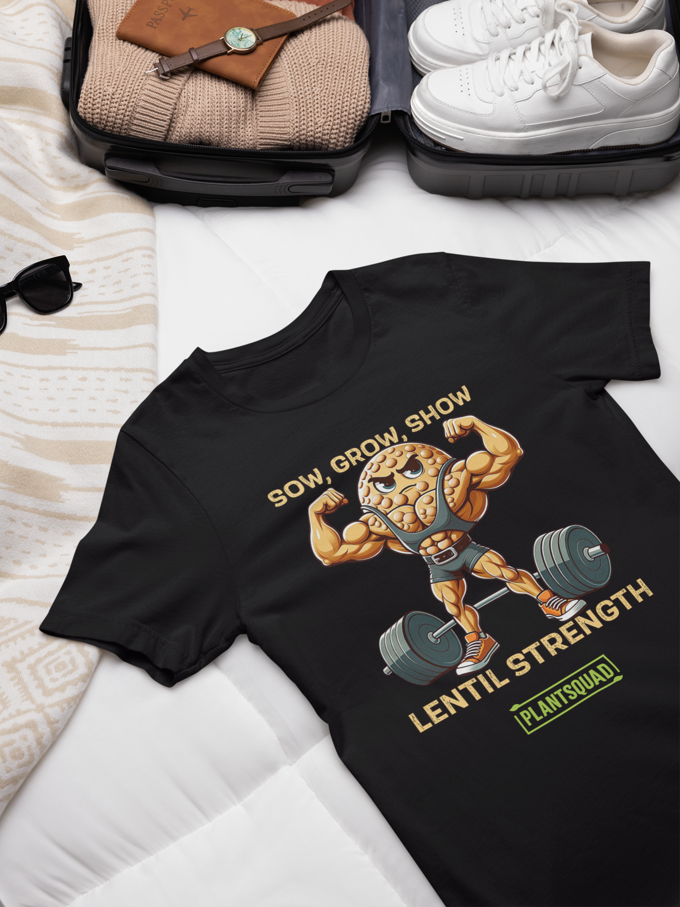 Plantsquad Lentil "Sow Grow Show Lentil Strength" - Unisex T-Shirt featuring a muscular animated lentil character lifting weights. Text above the character reads "Sow, Grow, Show," and below it, "Lentil Strength." Perfect for fitness enthusiasts who embrace a plant-based lifestyle. The brand name "Plantsquad" is displayed at the bottom.