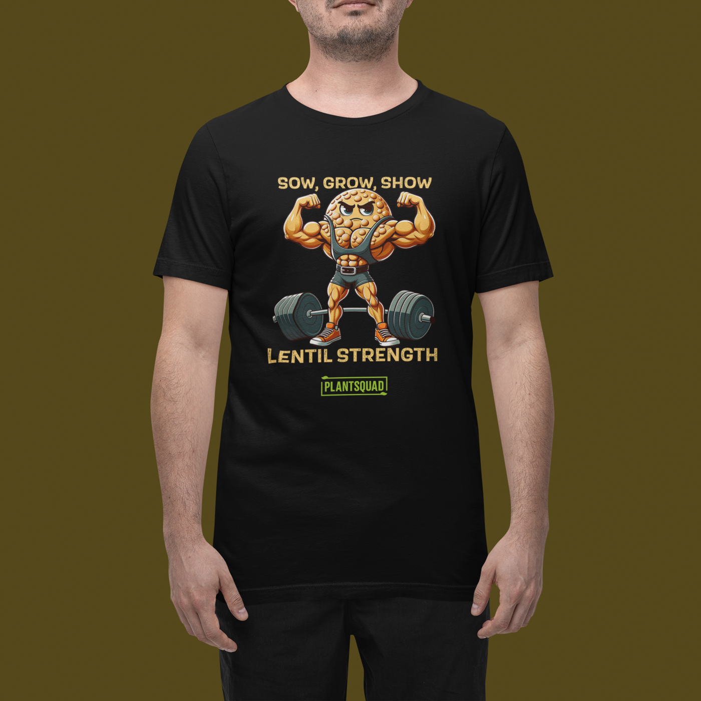 Plantsquad Lentil "Sow Grow Show Lentil Strength" - Unisex T-Shirt featuring a muscular animated lentil character lifting weights. Text above the character reads "Sow, Grow, Show," and below it, "Lentil Strength." Perfect for fitness enthusiasts who embrace a plant-based lifestyle. The brand name "Plantsquad" is displayed at the bottom.