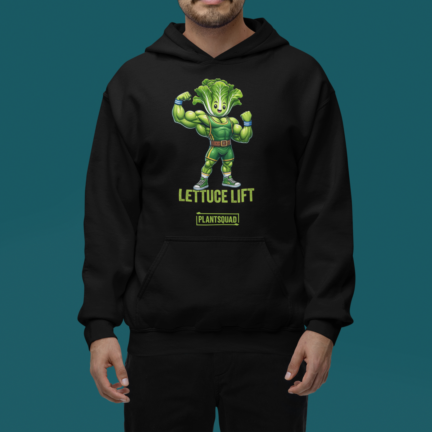 The Plantsquad Lettuce "Lettuce Lift" - Unisex Hoodie features a cartoon muscular head of lettuce with a determined expression, flexing its arms. Below it, the text reads "LETTUCE LIFT" in bold yellow-green letters and "PLANTSQUAD" in a smaller green banner - perfect for embracing your vegan lifestyle and weight lifting passion.