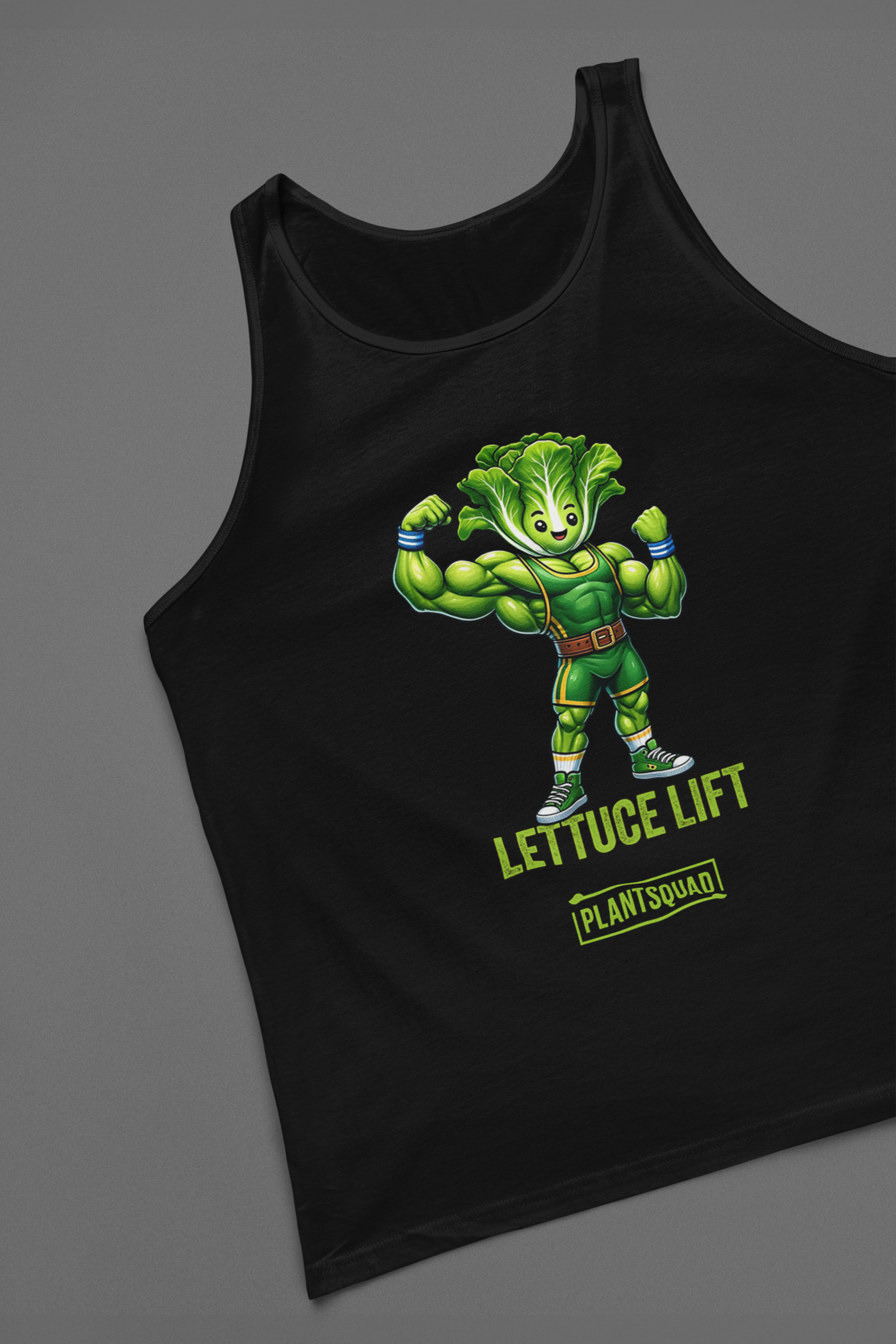 A Plantsquad Lettuce "Lettuce Lift" - Unisex Tank Top featuring a muscular cartoon lettuce character flexing its arms. Below the character, the text reads "LETTUCE LIFT" and "PLANTSQUAD" in green letters, perfect for showcasing your plant-based lifestyle and dedication to vegan gym apparel.