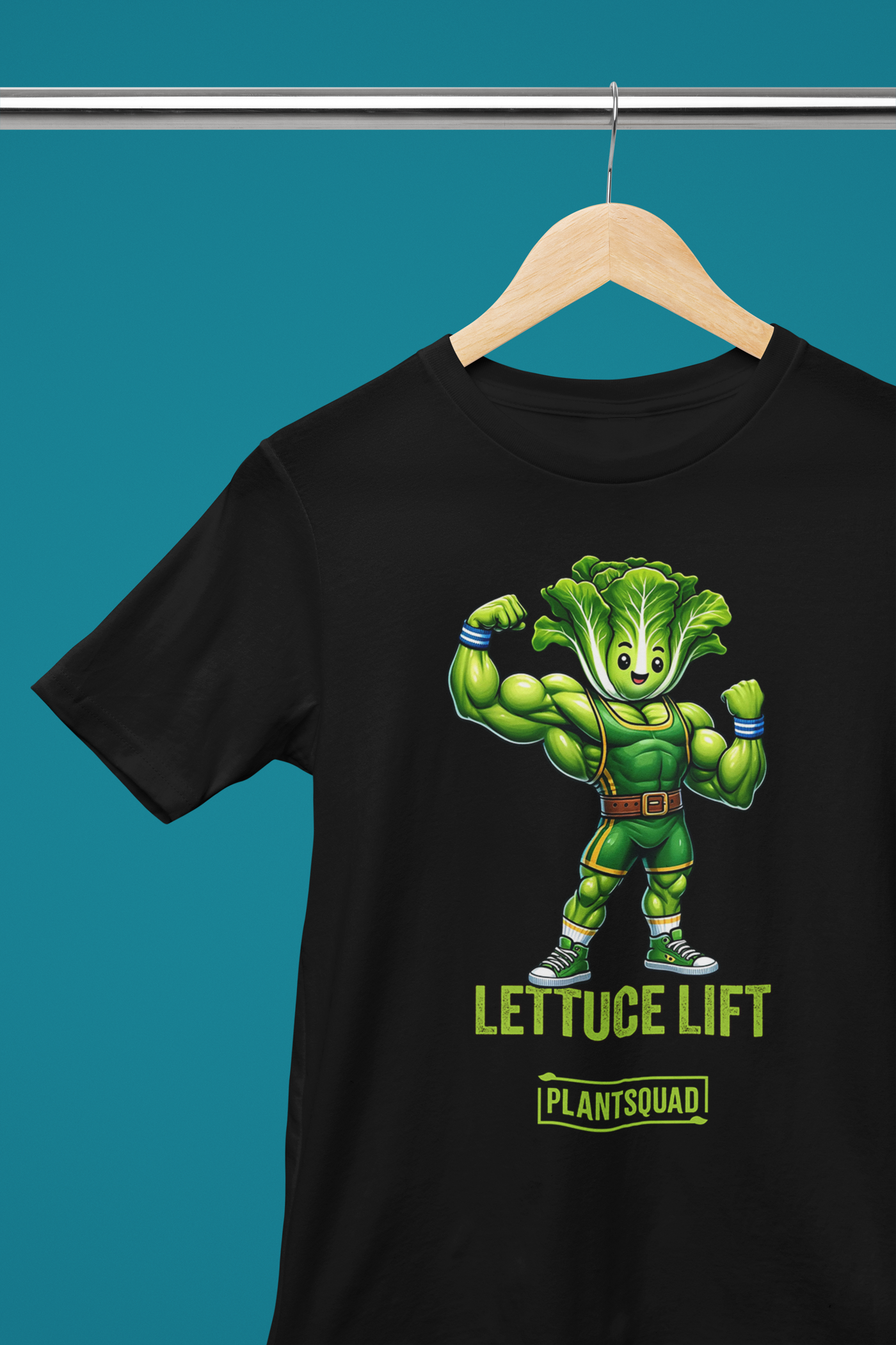 A Plantsquad Lettuce "Lettuce Lift" - Unisex T-Shirt featuring a muscular anthropomorphic lettuce flexing its arms. Below the image, the text reads "LETTUCE LIFT" in bold green letters, with "PLANTSQUAD" in a smaller font—perfect for fitness enthusiasts embracing a plant-based lifestyle.