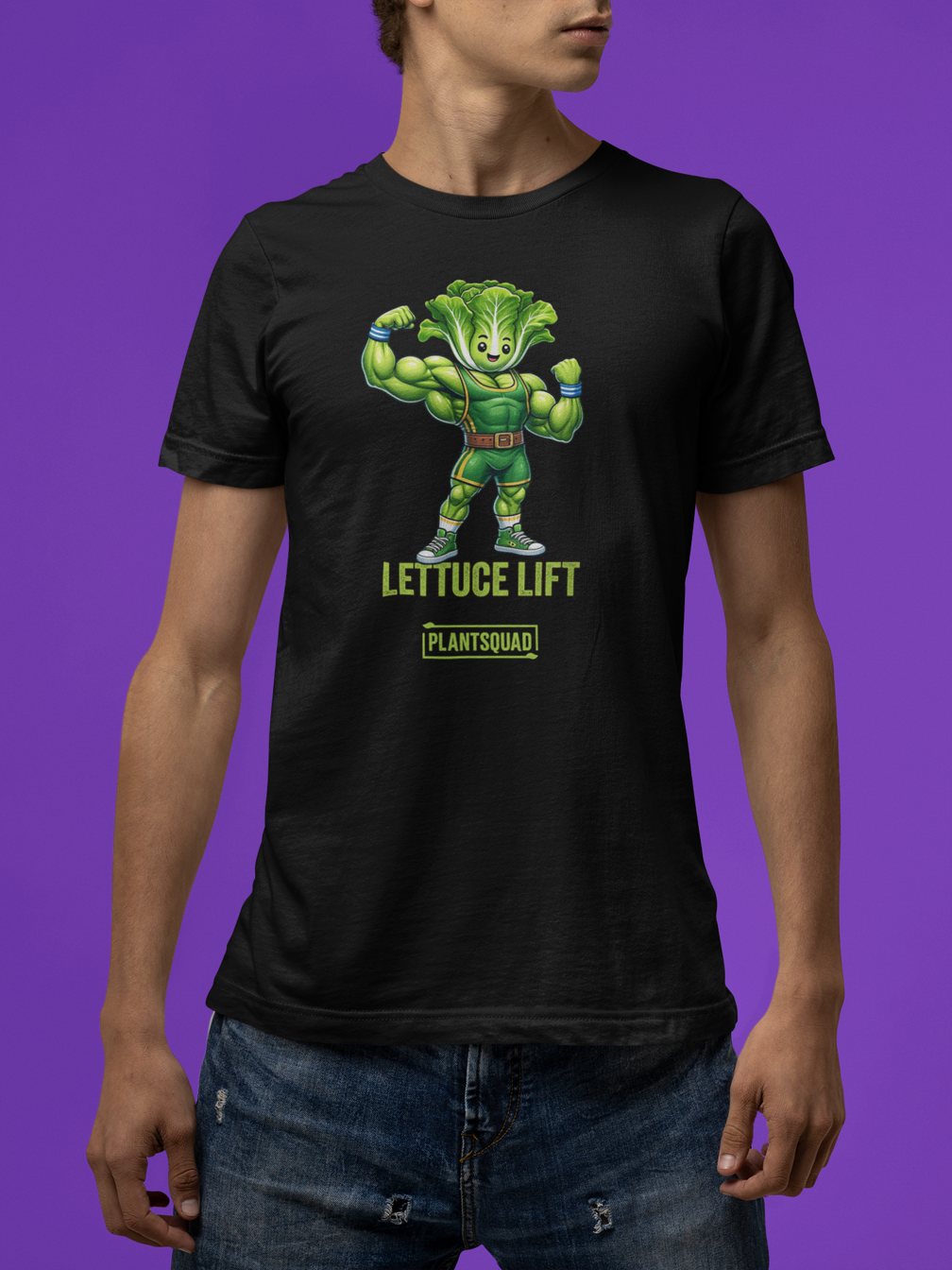 A Plantsquad Lettuce "Lettuce Lift" - Unisex T-Shirt featuring a muscular anthropomorphic lettuce flexing its arms. Below the image, the text reads "LETTUCE LIFT" in bold green letters, with "PLANTSQUAD" in a smaller font—perfect for fitness enthusiasts embracing a plant-based lifestyle.