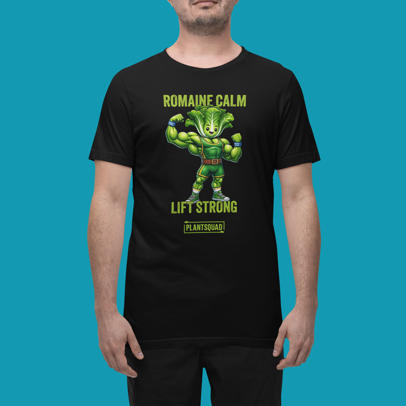 Product Name: Plantsquad Lettuce "Romaine Calm Lift Strong" - Unisex T-Shirt

Sentence: A black T-shirt featuring an illustration of a muscular, anthropomorphic lettuce lifting weights. Perfect for fitness enthusiasts embracing a vegan lifestyle, it reads "ROMAINE CALM" above the illustration and "LIFT STRONG" below, with "Plantsquad Lettuce 'Romaine Calm Lift Strong' - Unisex T-Shirt" at the bottom.