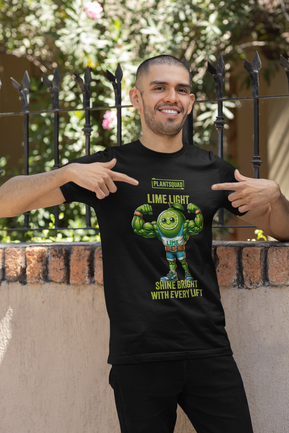 Plantsquad Lime "Lime Light Shine Bright With Every Lift" - Unisex T-Shirt featuring a muscular lime character with a smiling face, flexing biceps, and the text "Plantsquad," "LIME LIGHT," and "SHINE BRIGHT WITH EVERY LIFT." The lime character wears shorts, sneakers, and a belt that says "LIME." Perfect for anyone embracing a vegan lifestyle or plant-based fitness.