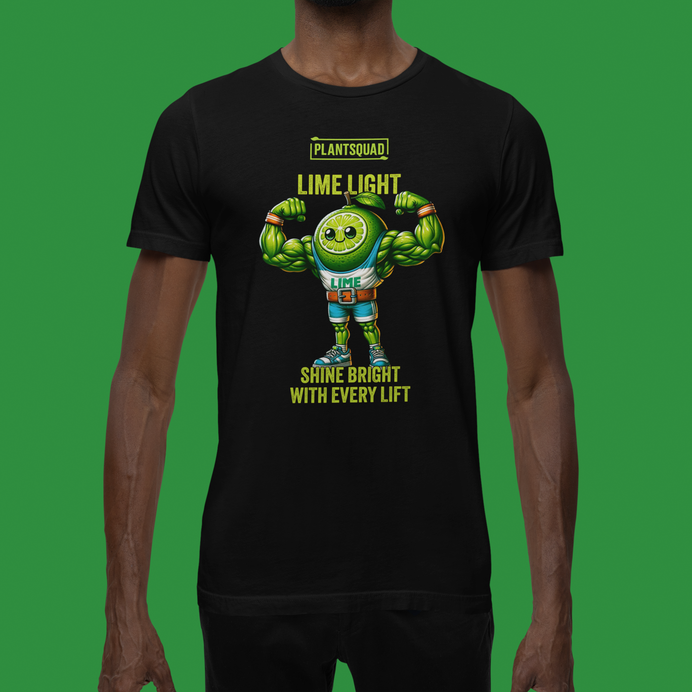 Plantsquad Lime "Lime Light Shine Bright With Every Lift" - Unisex T-Shirt featuring a muscular lime character with a smiling face, flexing biceps, and the text "Plantsquad," "LIME LIGHT," and "SHINE BRIGHT WITH EVERY LIFT." The lime character wears shorts, sneakers, and a belt that says "LIME." Perfect for anyone embracing a vegan lifestyle or plant-based fitness.