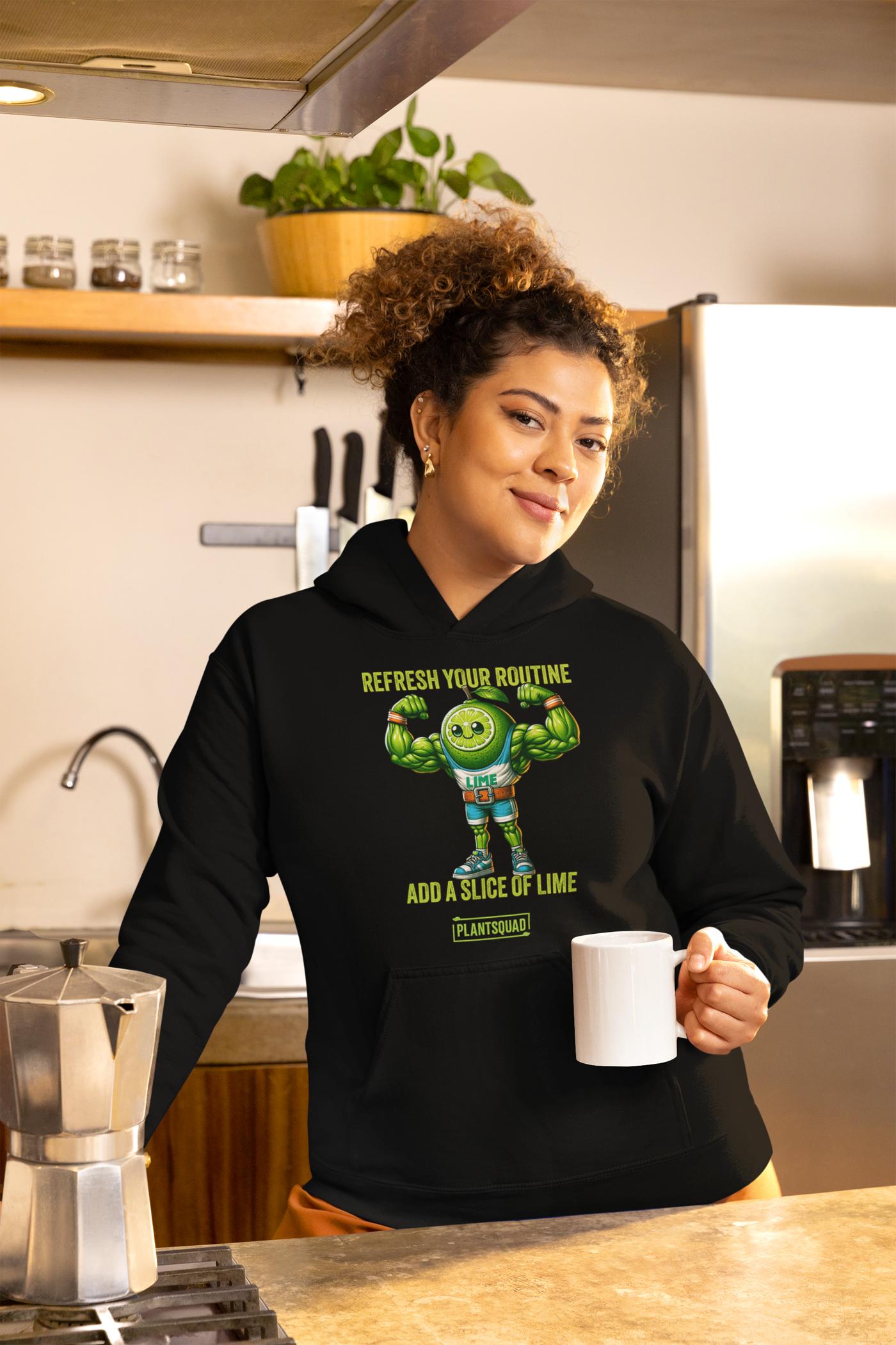 The Plantsquad Lime "Refresh Your Routine Add A Slice Of Lime" - Unisex Hoodie features a vibrant graphic of a muscular lime character flexing its arms. Above the character, text reads, "REFRESH YOUR ROUTINE." Below, text reads, "ADD A SLICE OF LIME." The logo "PLANTSQUAD" appears at the bottom.