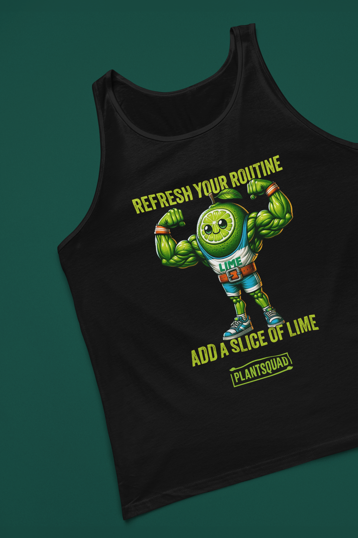 A Plantsquad Lime "Refresh Your Routine Add A Slice Of Lime" - Unisex Tank Top featuring an illustration of a muscular lime in an athletic outfit. The lime character is flexing its arms and smiling. Above the lime, text reads "REFRESH YOUR ROUTINE," and below, it says "ADD A SLICE OF LIME" with "PLANT SQUAD" at the bottom. Perfect for a vegan lifestyle!