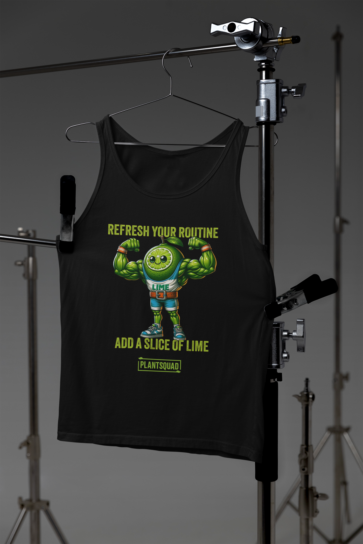 A Plantsquad Lime "Refresh Your Routine Add A Slice Of Lime" - Unisex Tank Top featuring an illustration of a muscular lime in an athletic outfit. The lime character is flexing its arms and smiling. Above the lime, text reads "REFRESH YOUR ROUTINE," and below, it says "ADD A SLICE OF LIME" with "PLANT SQUAD" at the bottom. Perfect for a vegan lifestyle!