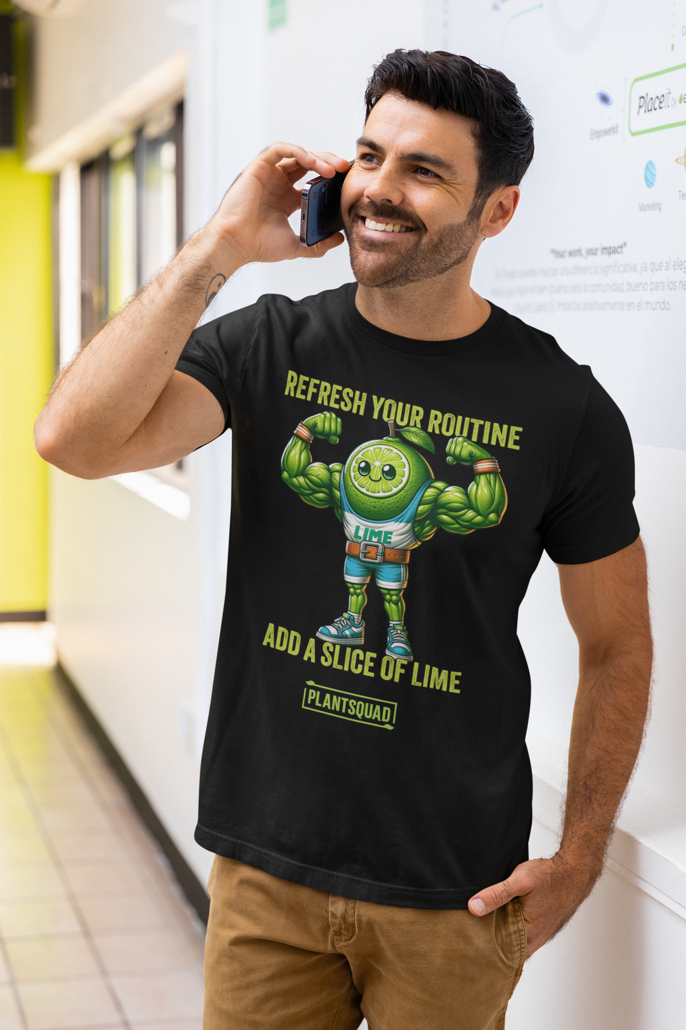 A black Plantsquad Lime "Refresh Your Routine Add A Slice Of Lime" - Unisex T-Shirt featuring an image of a muscular lime slice character wearing sports attire with the number 93. Above the character, the text reads "Refresh Your Routine," and below, "Add a Slice of Lime." At the bottom, the word "Plant Squad" is displayed, promoting a plant-based lifestyle.