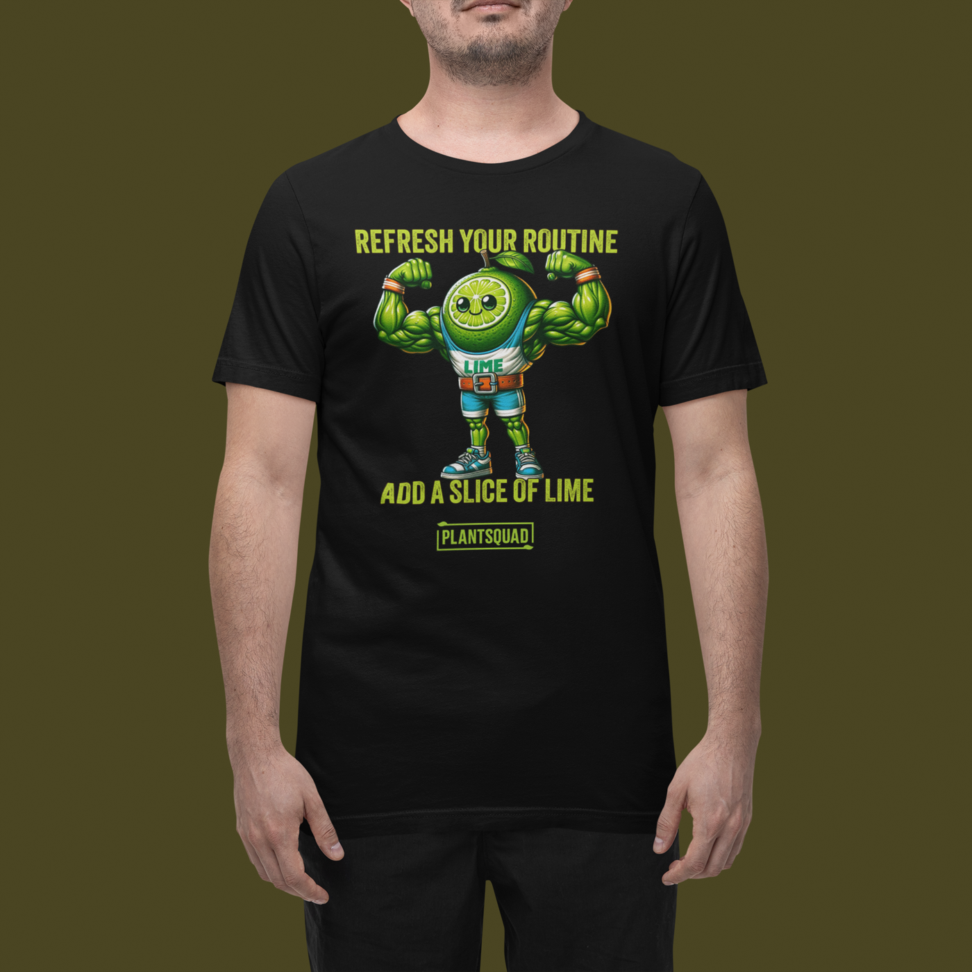 A black Plantsquad Lime "Refresh Your Routine Add A Slice Of Lime" - Unisex T-Shirt featuring an image of a muscular lime slice character wearing sports attire with the number 93. Above the character, the text reads "Refresh Your Routine," and below, "Add a Slice of Lime." At the bottom, the word "Plant Squad" is displayed, promoting a plant-based lifestyle.