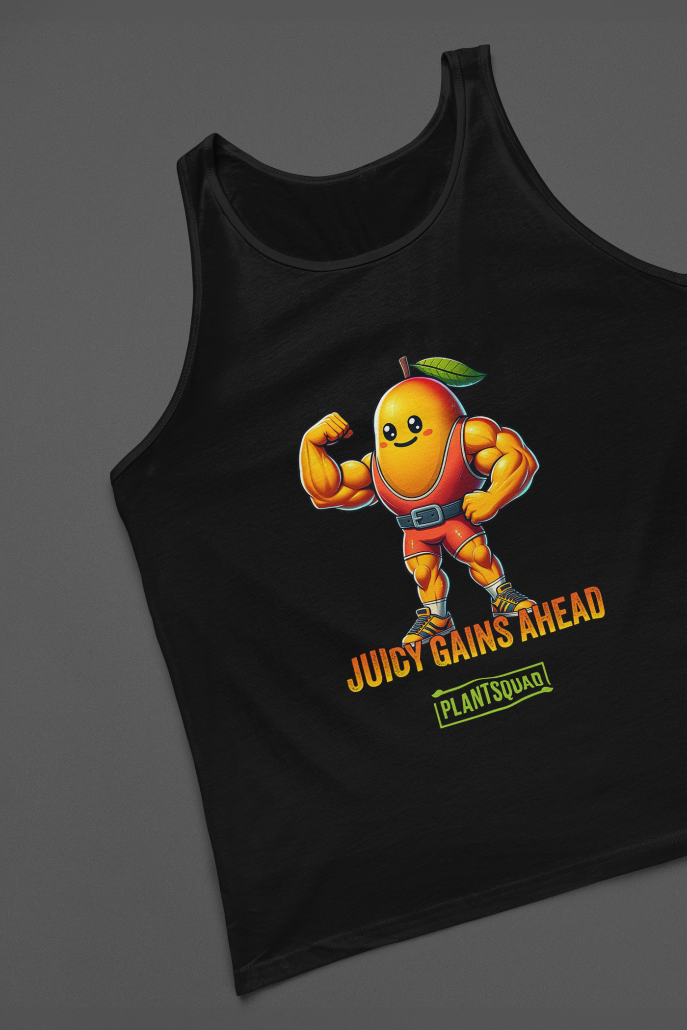 A black tank top crafted from breathable fabric, featuring a muscular, anthropomorphized mango with a leaf on its head, flexing its biceps. Below the mango, the text reads "JUICY GAINS AHEAD" in bold orange letters, with "PLANTSQUAD" written within a green box underneath—perfect for gym enthusiasts living a plant-based lifestyle. This is the Plantsquad Mango "Juicy Gains Ahead" - Unisex Tank Top.