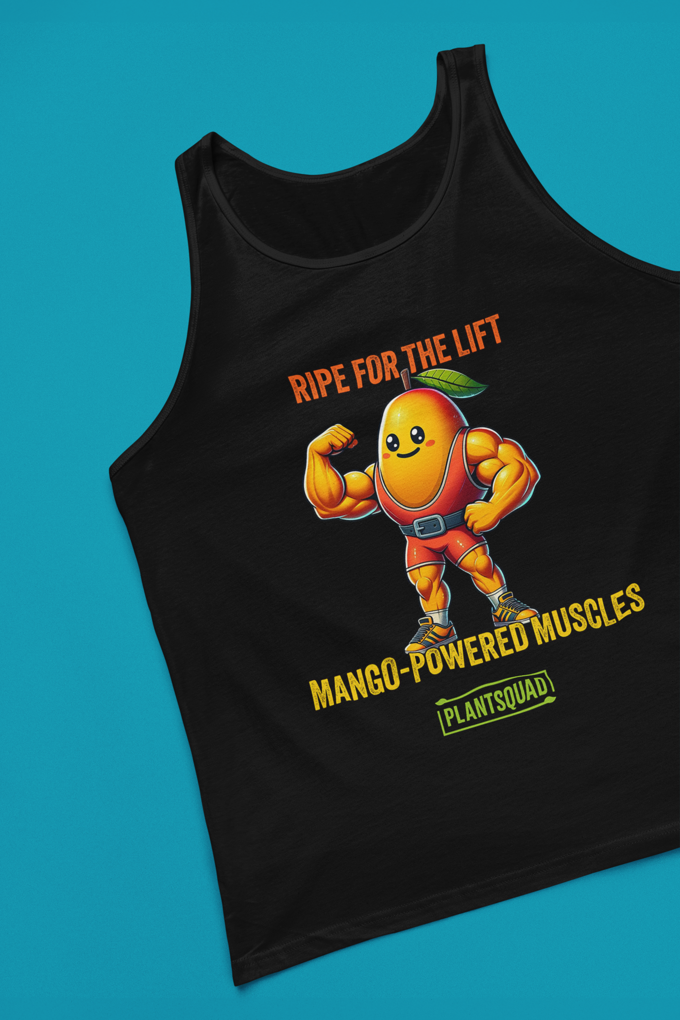 Graphic on a Plantsquad Mango "Ripe For The Lift Mango-Powered Muscles" - Unisex Tank Top featuring a muscular, anthropomorphic mango flexing its arms. The text above the mango reads, "RIPE FOR THE LIFT," and below it reads, "MANGO-POWERED MUSCLES." Designed for gym enthusiasts embracing a plant-based lifestyle, the breathable fabric ensures comfort. The logo at the bottom says "PLANTSQUAD.