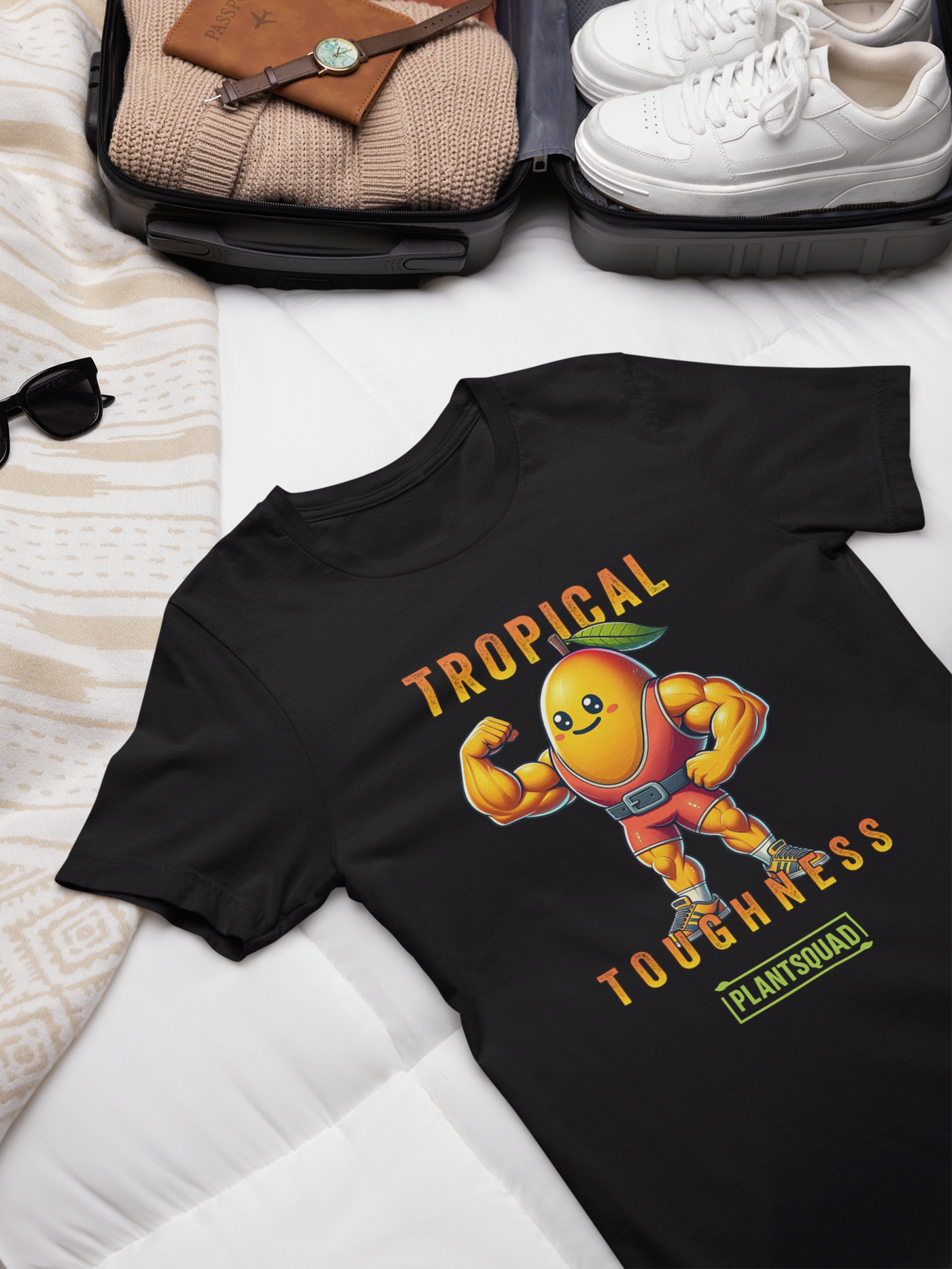 The Plantsquad Mango "Tropical Toughness" - Unisex T-Shirt features a muscly mango cartoon flexing its biceps. The text above the mango reads "Tropical" and below it reads "Toughness," capturing the essence of a vegan lifestyle. Below this, "PLANTSQUAD" is written inside a green rectangle on breathable fabric.