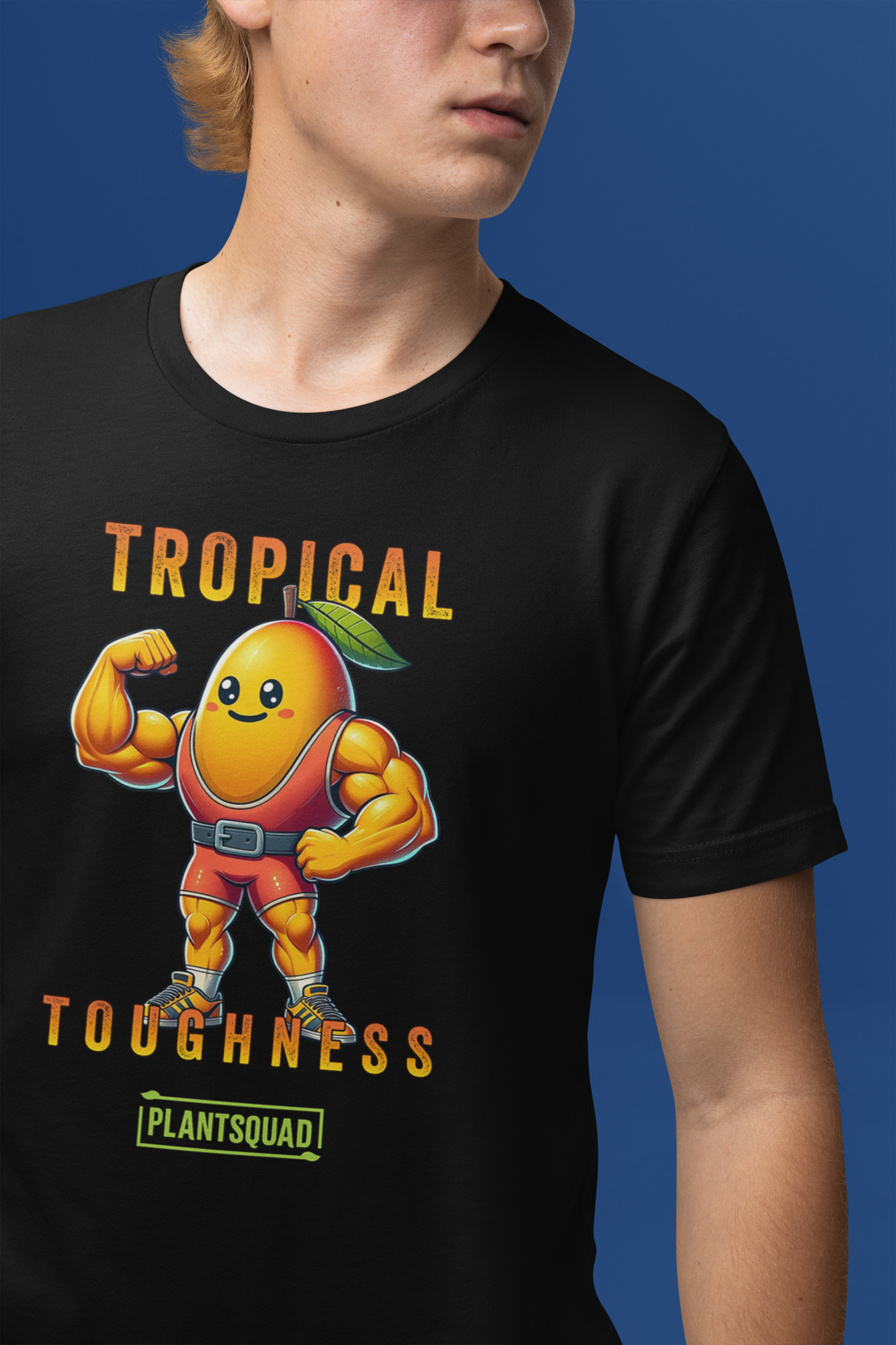 The Plantsquad Mango "Tropical Toughness" - Unisex T-Shirt features a muscly mango cartoon flexing its biceps. The text above the mango reads "Tropical" and below it reads "Toughness," capturing the essence of a vegan lifestyle. Below this, "PLANTSQUAD" is written inside a green rectangle on breathable fabric.