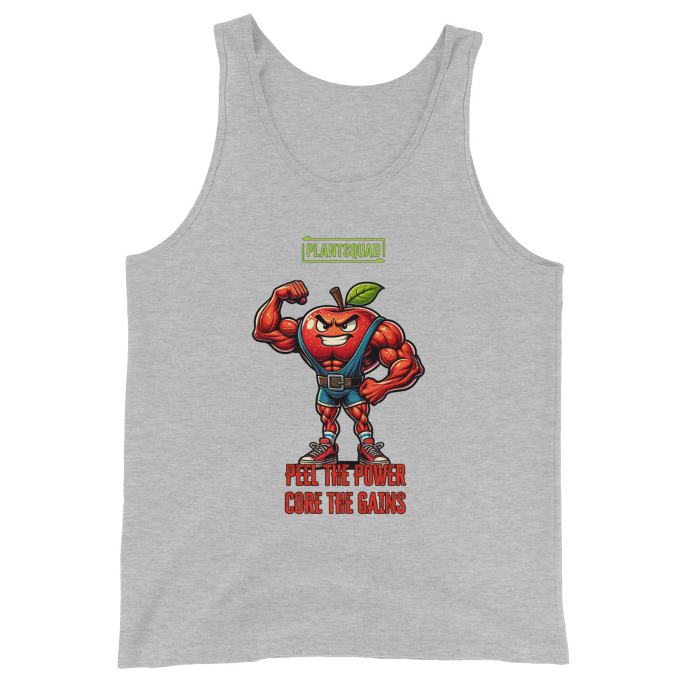 The Plantsquad Apple "Peel The Power Core The Gains" - Unisex Tank Top features a muscular anthropomorphic red apple character flexing its arm. Above it, the text reads "PLANTSQUAD," and below, "PEEL THE POWER, CORE THE GAINS" in bold letters. The apple character wears a weightlifting belt and sneakers, making it perfect for gym enthusiasts who prefer breathable fabric and a vegan lifestyle.