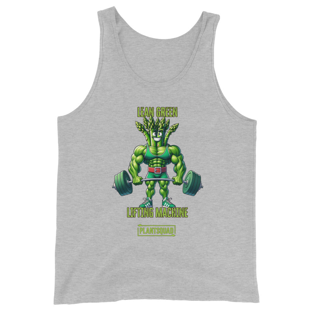 A black vegan Plantsquad Asparagus "Lean Green Lifting Machine" - Unisex Tank Top featuring an illustration of a muscular, green plant-like character lifting a barbell with heavy weights. Above the character is the text "Lean Green Lifting Machine" and below is the text "Plant Squad." Perfect for those embracing a plant-based lifestyle.