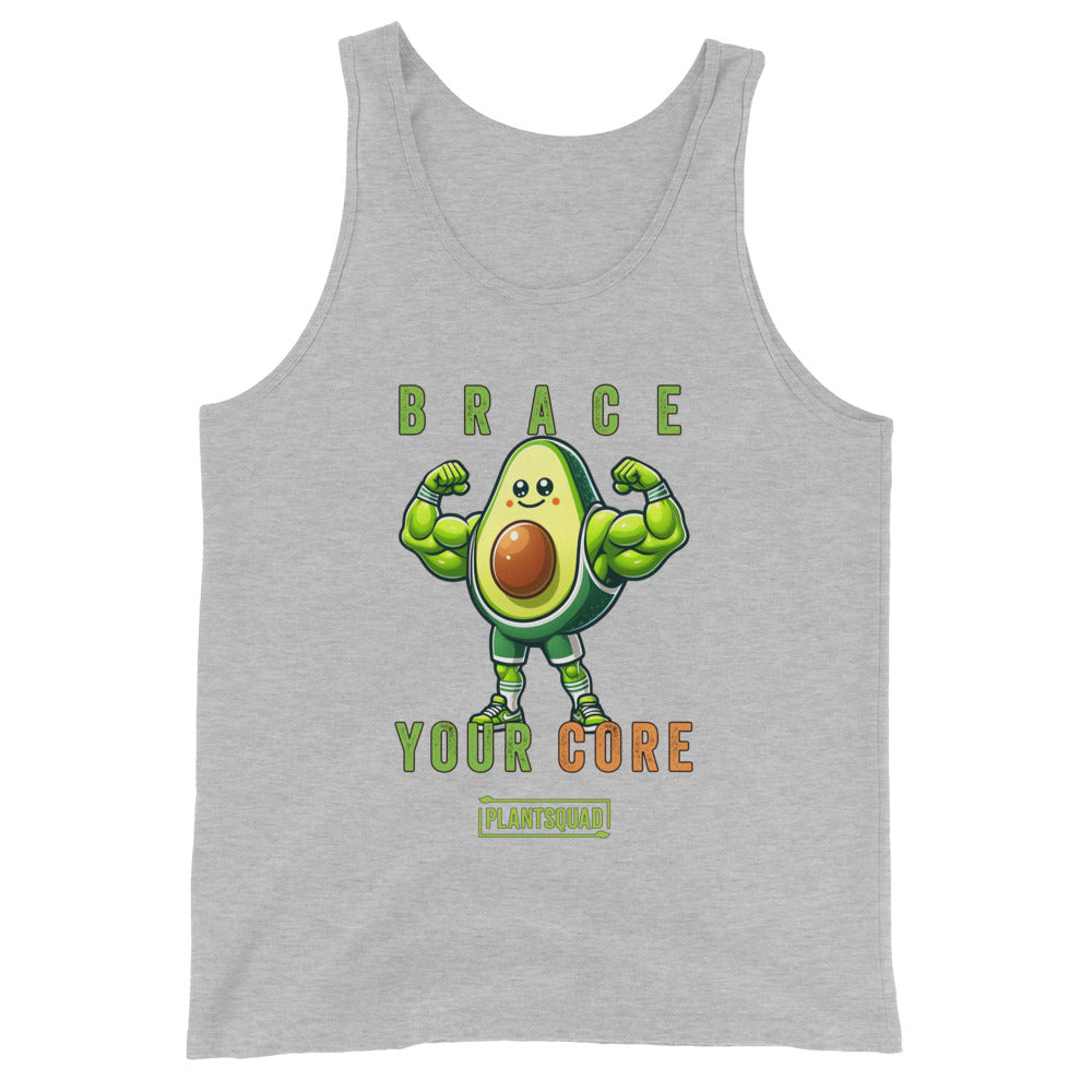 A Plantsquad Avocado "Brace Your Core" - Unisex Tank Top featuring a dynamic avocado cartoon flexing its biceps. The text above the avocado reads "BRACE," and below it reads "YOUR CORE" with "PLANTSQUAD" at the bottom. Perfect for those embracing a plant-based lifestyle and looking for stylish vegan gym wear.