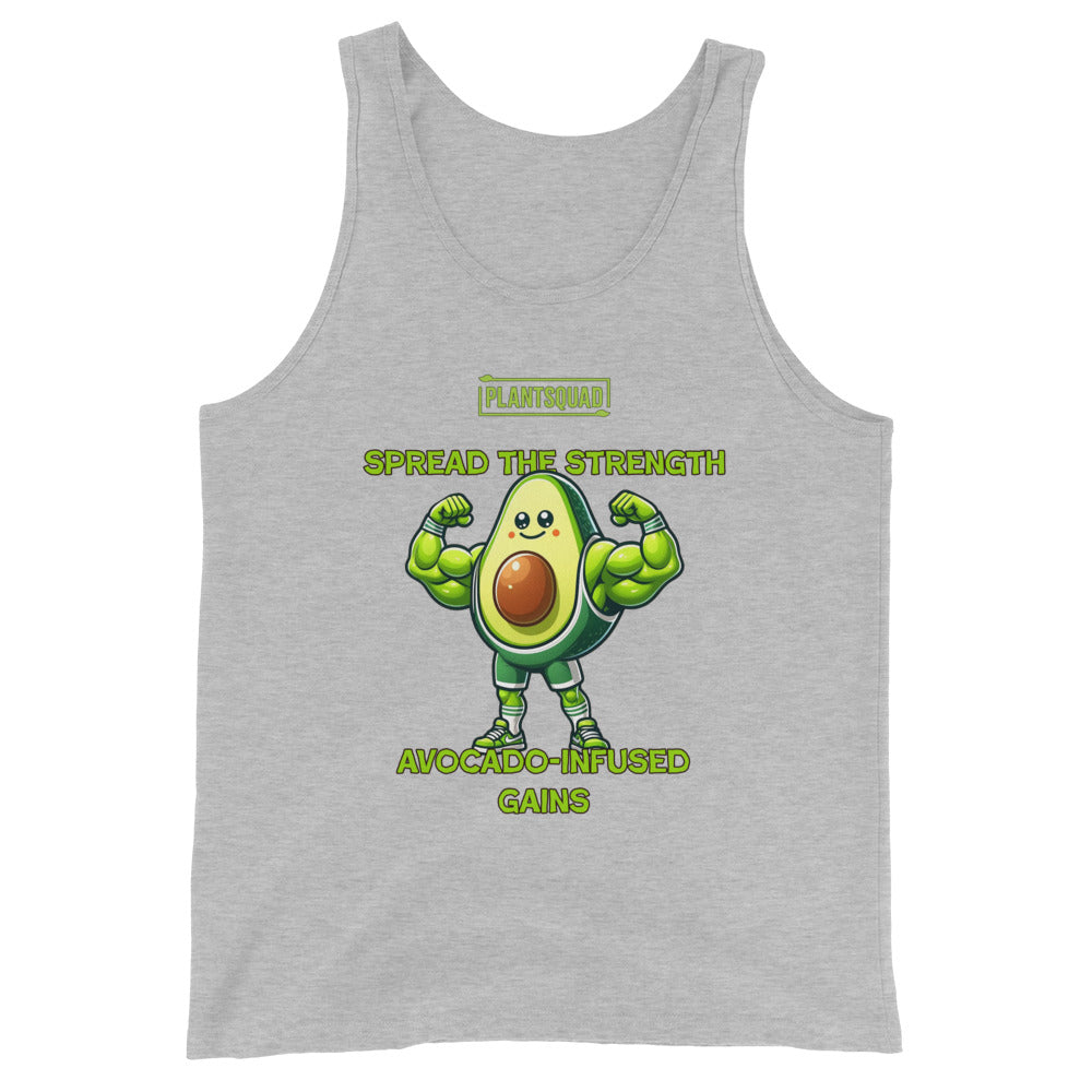 A Plantsquad Avocado "Spread The Strength Avocado-Infused Gains" - Unisex Tank Top featuring a muscly avocado cartoon flexing its arms. Above the avocado, it reads "PLANTSQUAD," while below it says, "SPREAD THE STRENGTH AVOCADO-INFUSED GAINS" in yellow-green letters. Perfect for embracing a plant-based lifestyle and vegan gym wear enthusiasts.