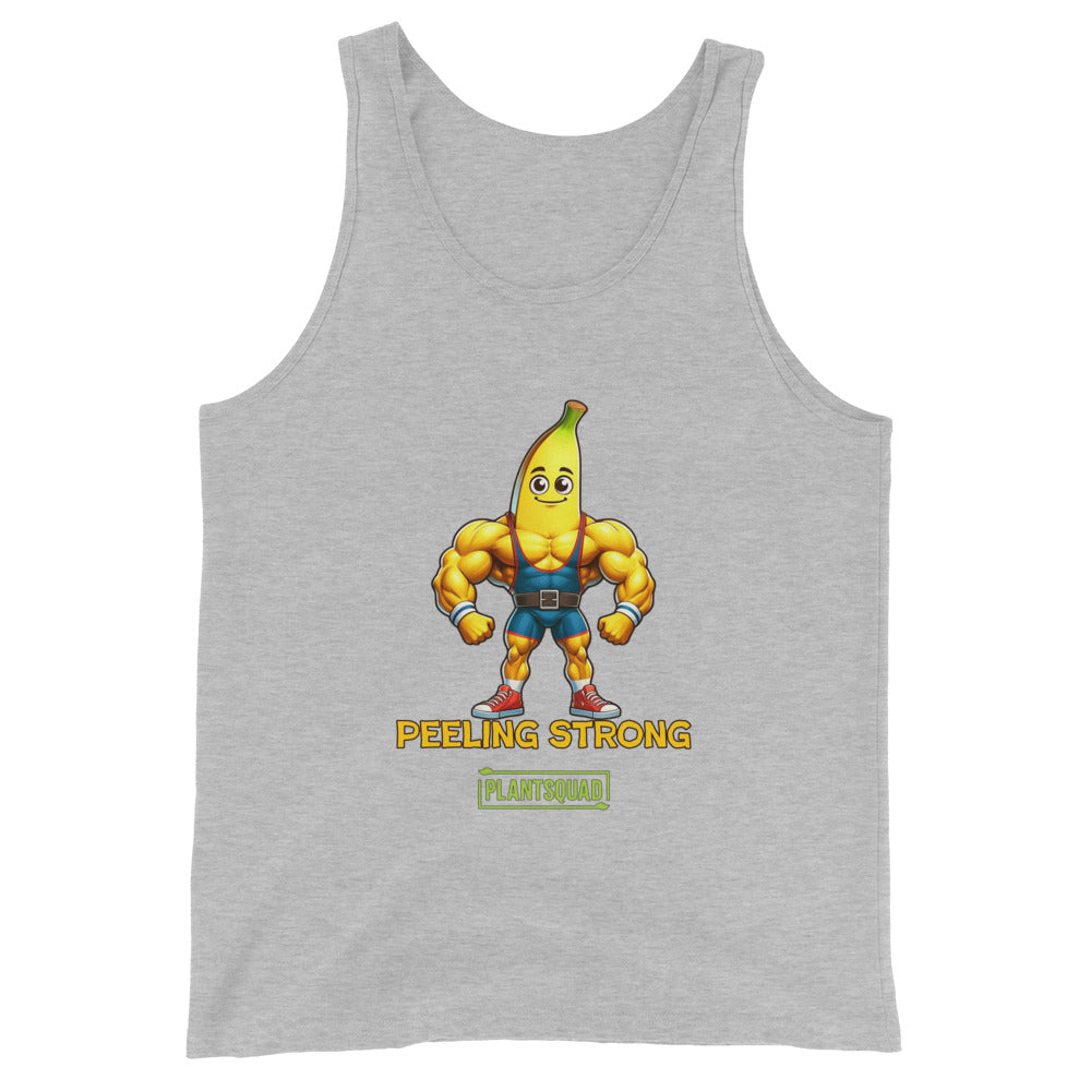 A Plantsquad Banana "Peeling Strong" - Unisex Tank Top features a muscly banana cartoon with a muscular human body, wearing gym clothes and flexing its arms. The text "PEELING STRONG" is written below the image, with "PLANTSQUAD" displayed underneath in a green rectangle, perfect for those embracing a plant-based lifestyle and vegan gym wear.