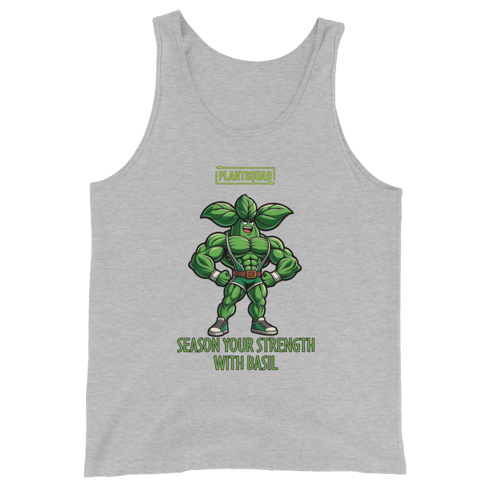 A black, plant-based tank top featuring a muscular, anthropomorphic basil plant character flexing its muscles. Above the character, text reads "PLANTSQUAD," and below it says "Season Your Strength with Basil." Perfect for those seeking vegan gym clothes or breathable workout apparel, this is the Plantsquad Basil "Season Your Strength With Basil" - Unisex Tank Top.