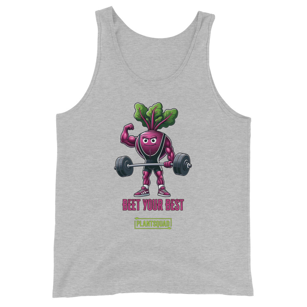 The Plantsquad Beetroot "Beet Your Best" - Unisex Tank Top features an illustration of a muscular beetroot character lifting a barbell. The text below the character reads "BEET YOUR BEST" in red and "PLANTSQUAD" in green. Perfect for gym enthusiasts embracing a plant-based lifestyle.