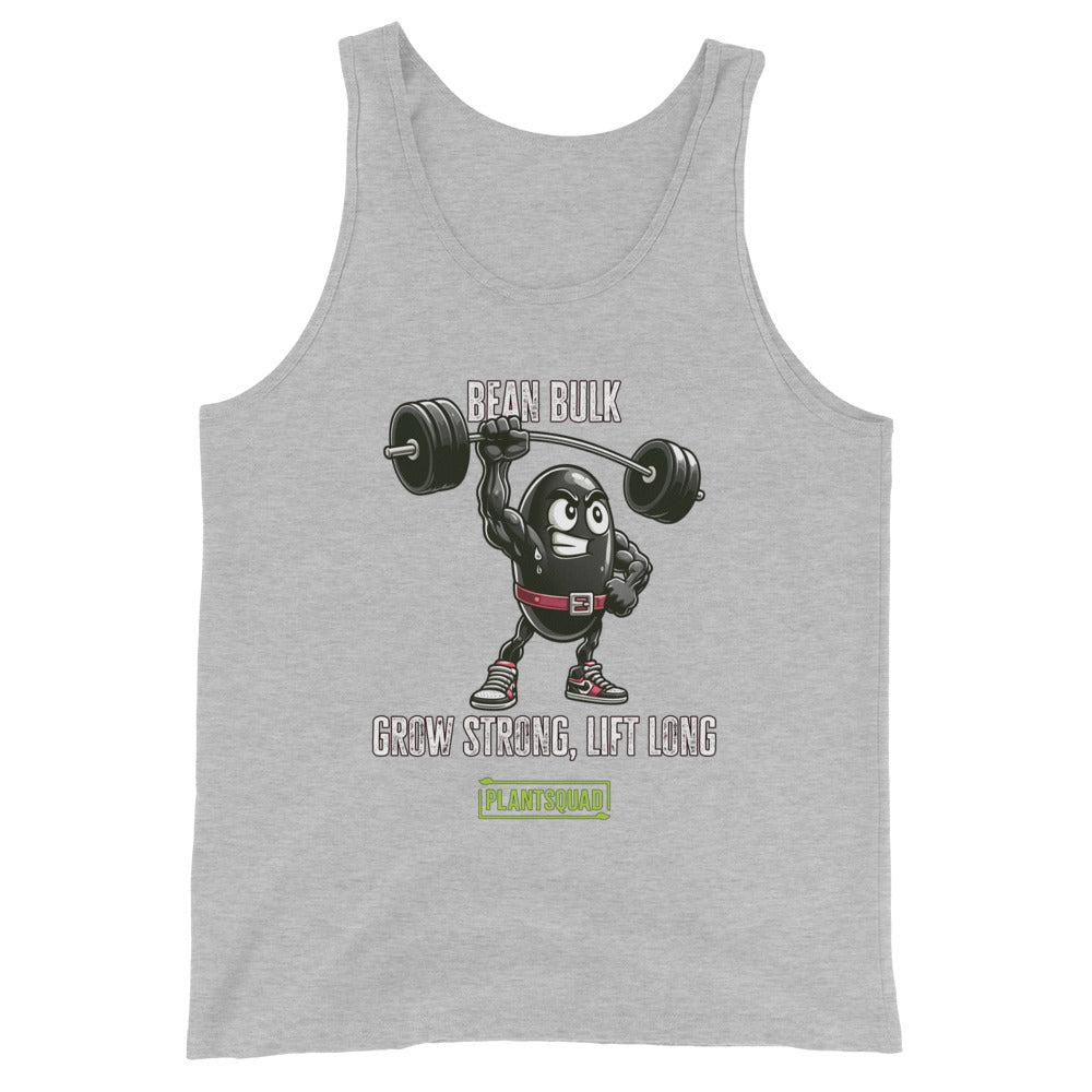 The Plantsquad Black Bean "Bean Bulk Grow Strong Lift Long" - Unisex Tank Top features a cartoon bean character lifting a barbell with the text "BEAN BULK" above and "GROW STRONG, LIFT LONG" below. Perfect for gym enthusiasts embracing a plant-based lifestyle, it has the logo "PLANTSQUAD" in green at the bottom. The bean wears red gloves, a red belt, and red shoes.