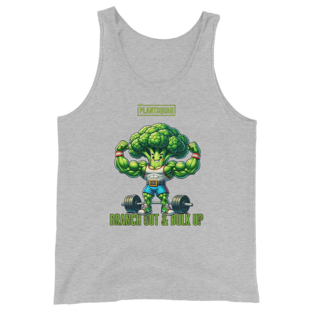 A Plantsquad Broccoli "Branch Out & Bulk Up" - Unisex Tank Top featuring a cartoon broccoli character with muscular arms lifting a barbell. Designed for vegan gym enthusiasts, it has the text "PLANTSQUAD" above the character and "BRANCH OUT & BULK UP?" below, all printed on breathable fabric ideal for your plant-based lifestyle.