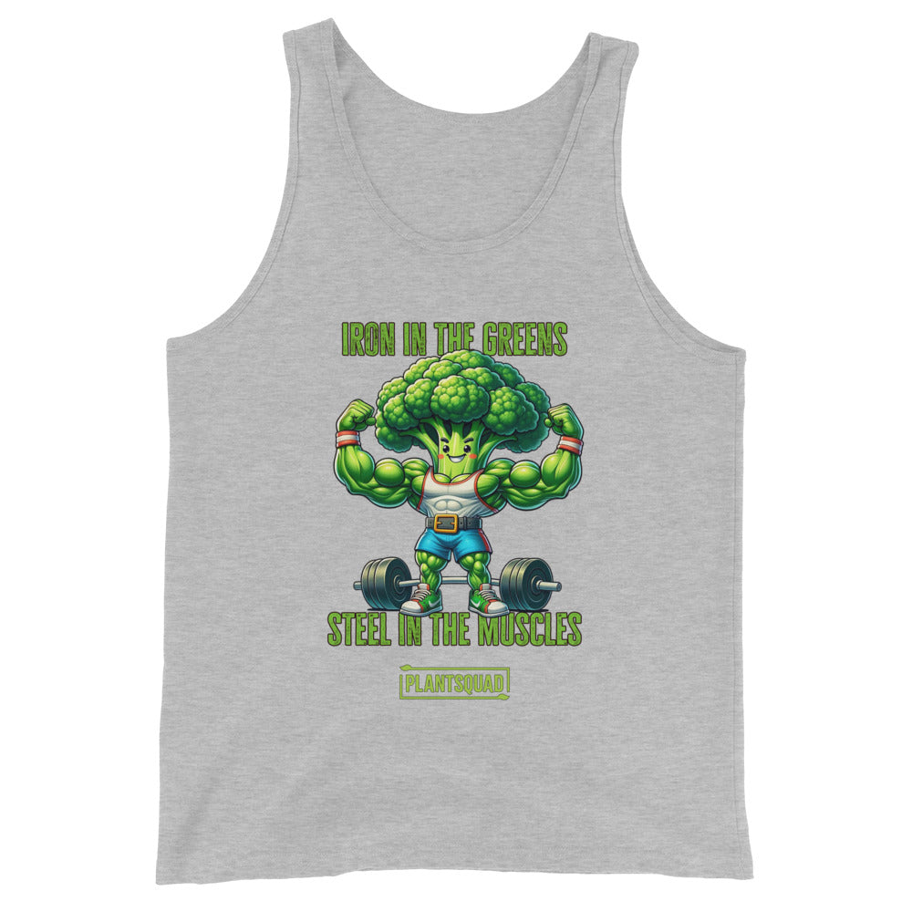 The Plantsquad Broccoli "Iron In The Greens Steel In The Muscles" - Unisex Tank Top features an illustration of a muscular broccoli character lifting weights. The text above reads "Iron in the Greens" and below reads "Steel in the Muscles" with "Plantsquad" at the bottom—perfect for gym enthusiasts embracing a plant-based lifestyle.