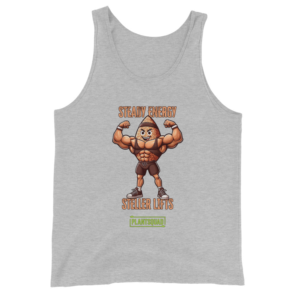 A Plantsquad Brown Rice "Steady Energy Steller Lifts" - Unisex Tank Top featuring a cartoon nut character flexing muscles. Above the character, the text reads "STEADY ENERGY." Below, it says "STELLER LIFTS." At the bottom, there's a green rectangle with the word "PLANTSQUAD," perfect for a plant-based lifestyle.