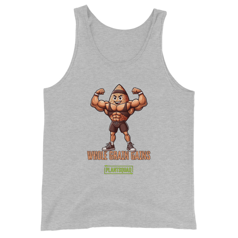 A black tank top features an illustration of a muscular, anthropomorphic grain of wheat flexing its biceps. Below the image, text reads "WHOLE GRAIN GAINS" in orange with the logo "PLANTSQUAD" in green underneath. Perfect for a plant-based lifestyle or as part of your vegan gym clothing collection, this is the Plantsquad Brown Rice "Whole Grain Gains" - Unisex Tank Top.