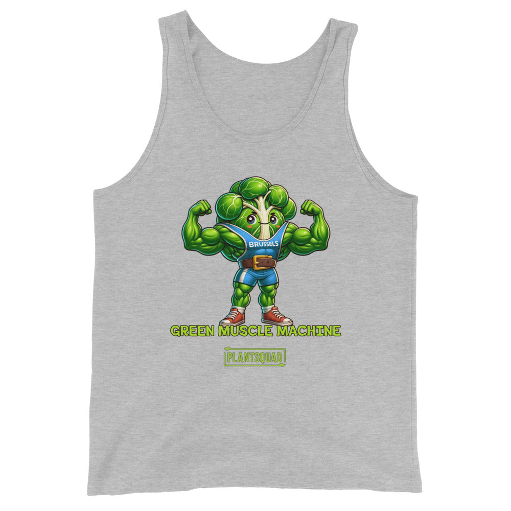 The Plantsquad Brussel Sprout "Green Muscle Machine" - Unisex Tank Top features a muscular, anthropomorphic Brussels sprout character flexing its arms. The character wears a blue shirt with "Brussels" on it. Below, the text reads "GREEN MUSCLE MACHINE" and "PLANTSQUAD." Perfect for gym enthusiasts who embrace the vegan lifestyle.