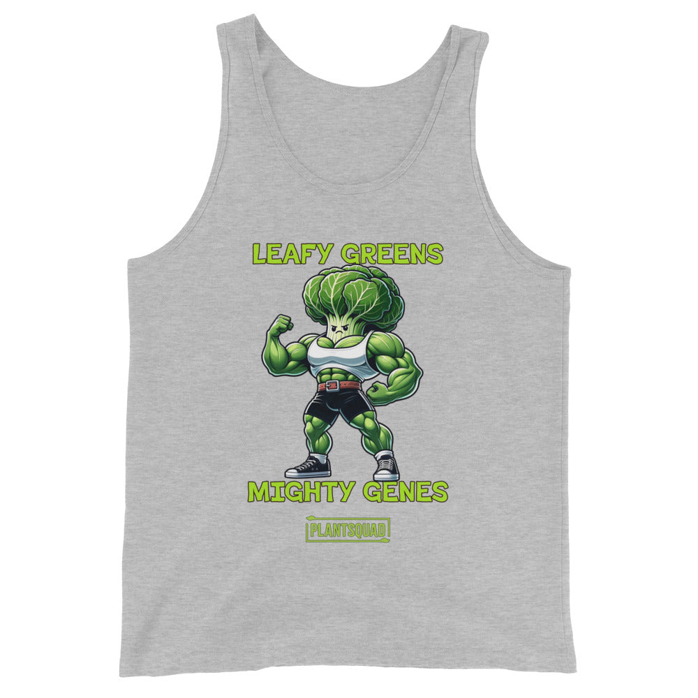 A Plantsquad Cabbage "Leafy Greens Mighty Genes" - Unisex Tank Top featuring a muscular cartoon broccoli character flexing its arms. The text above reads "LEAFY GREENS" and below reads "MIGHTY GENES" with "PLANTSQUAD" in all caps beneath the illustration—a perfect fit for gym enthusiasts embracing a plant-based lifestyle.