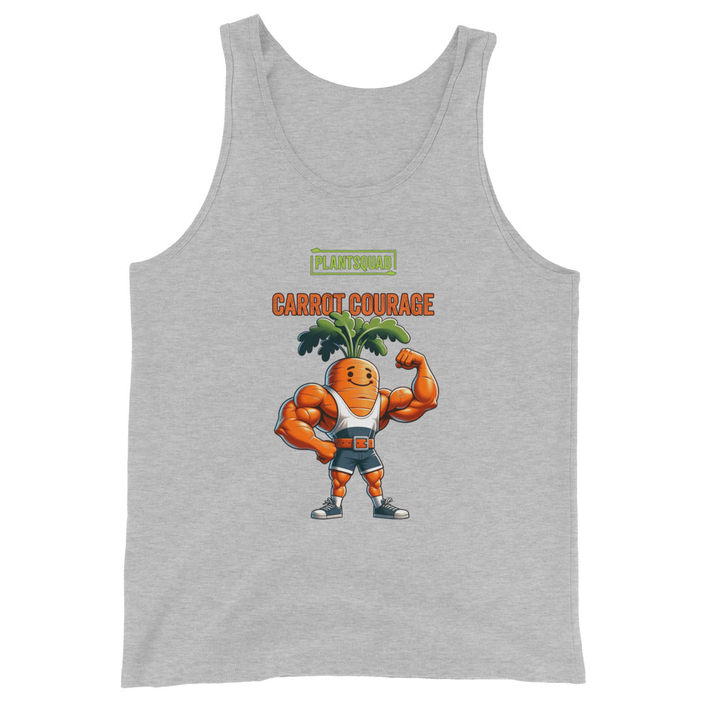 A black tank top featuring a muscular cartoon carrot with leafy green hair flexing its biceps. Above the carrot, “PLANTSQUAD” is written in green text, and below, “CARROT COURAGE” is in orange text. Perfect for gym enthusiasts embracing a vegan lifestyle, it's made from breathable fabric for maximum comfort. Introducing the Plantsquad Carrot "Carrot Courage" - Unisex Tank Top.