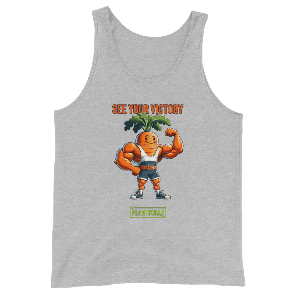 A Plantsquad Carrot "See Your Victory" - Unisex Tank Top featuring an illustration of a muscular carrot character flexing its arms, with leafy green hair. Above the character, it says "SEE YOUR VICTORY" in orange text, and below it, "PLANTSQUAD" is written in green text. Perfect for those embracing a plant-based lifestyle.