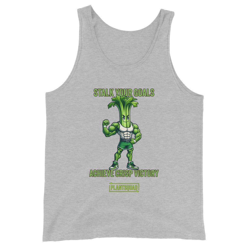 A Plantsquad Celery "Stalk Your Goals Achieve Crisp Victory" - Unisex Tank Top featuring an animated muscular celery character with a green body and determined expression. Above and below the character are the phrases, "Stalk Your Goals" and "Achieve Crisp Victory," respectively, in green text. This premium workout tank top is perfect for those embracing a plant-based lifestyle. A "PlantSquad" logo is at the bottom.