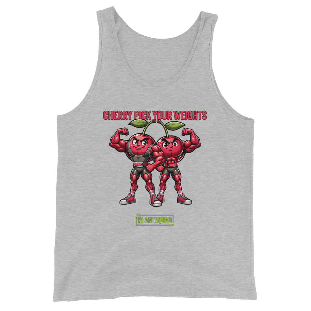 A black workout tank top featuring two muscular cartoon cherries flexing their biceps. Above them, red text reads "CHERRY PICK YOUR WEIGHTS," and below them, green text on a white background proudly states "Plantsquad." Perfect for vegans dedicated to fitness, this is the Plantsquad Cherries "Cherry Pick Your Weights" - Unisex Tank Top.