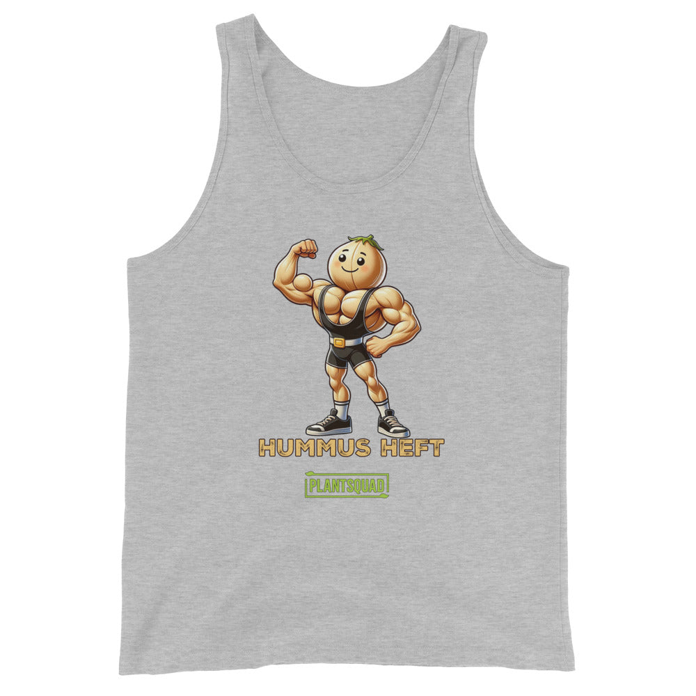 A black tank top made from breathable fabric, featuring an illustration of a muscular chickpea character flexing its arm, with the text "Hummus Heft" and a small green label reading "PlantSquad," perfect for a vegan workout tank top that celebrates the plant-based lifestyle can be replaced with Plantsquad Chickpea "Hummus Heft" - Unisex Tank Top.