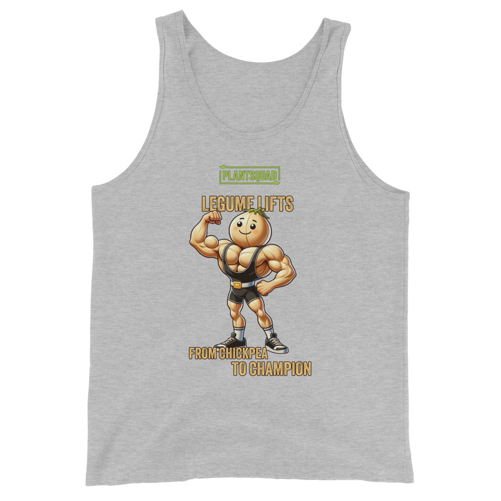 A Plantsquad Chickpea "Legume Lifts" - Unisex Tank Top with a cartoon image of a muscular chickpea flexing its biceps. The text above reads "PLANTSQUAD," and below the image, "LEGUME LIFTS - FROM CHICKPEA TO CHAMPION." Perfect for gym enthusiasts embracing the vegan lifestyle.