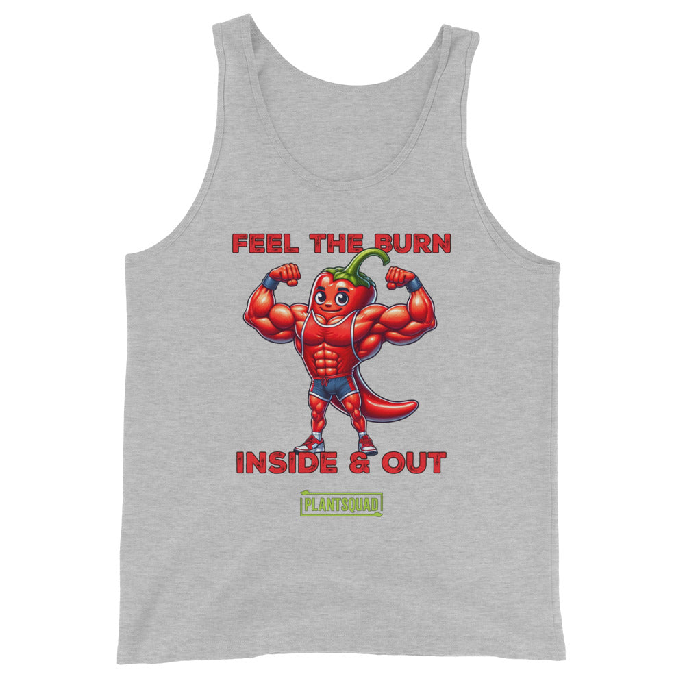 A black vegan tank top featuring a cartoon image of a muscular chili pepper flexing its biceps. The text above the image reads "FEEL THE BURN," and below it, "INSIDE & OUT." Crafted from premium breathable fabric, this Plantsquad Chilli "Feel The Burn Inside & Out" - Unisex Tank Top displays “PLANTSQUAD” at the bottom, perfect for showcasing your workout potential.