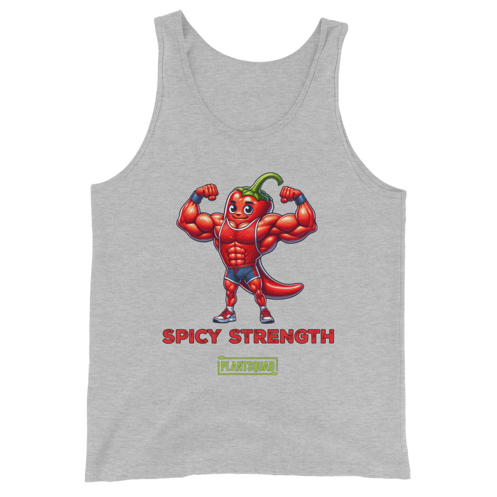 A black Plantsquad Chilli "Spicy Strength" - Unisex Tank Top featuring a muscular cartoon chili pepper flexing its biceps. Beneath the pepper, the text reads "SPICY STRENGTH" in red, with a green label below it that says "PLANTSQUAD." Ideal for gym enthusiasts and those embracing a plant-based lifestyle.