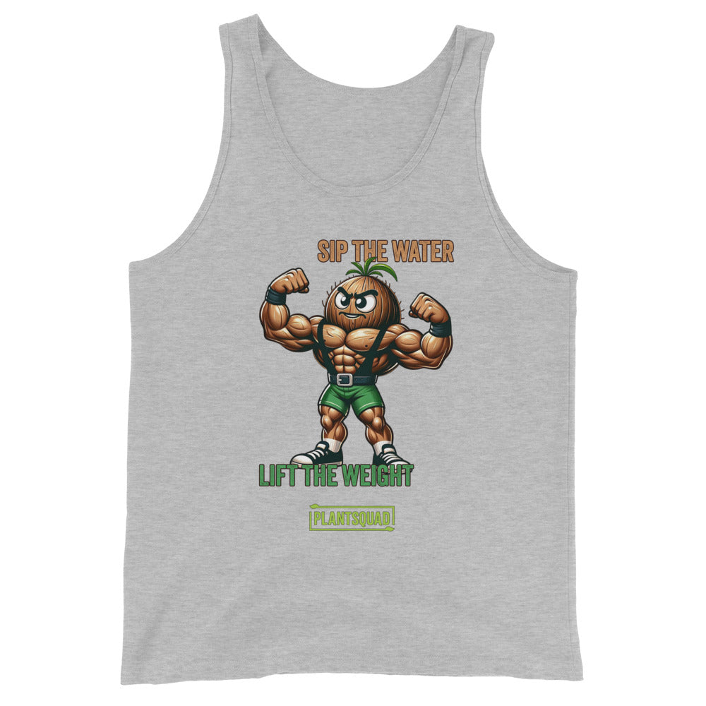 A black Plantsquad Coconut "Sip The Water Lift The Weight" - Unisex Tank Top featuring a muscular cartoon broccoli flexing its biceps. It has the text "SIP THE WATER" in orange, "LIFT THE WEIGHT" in green, and "PLANTSQUAD" in a green box at the bottom. Perfect for gym enthusiasts embracing a plant-based lifestyle.