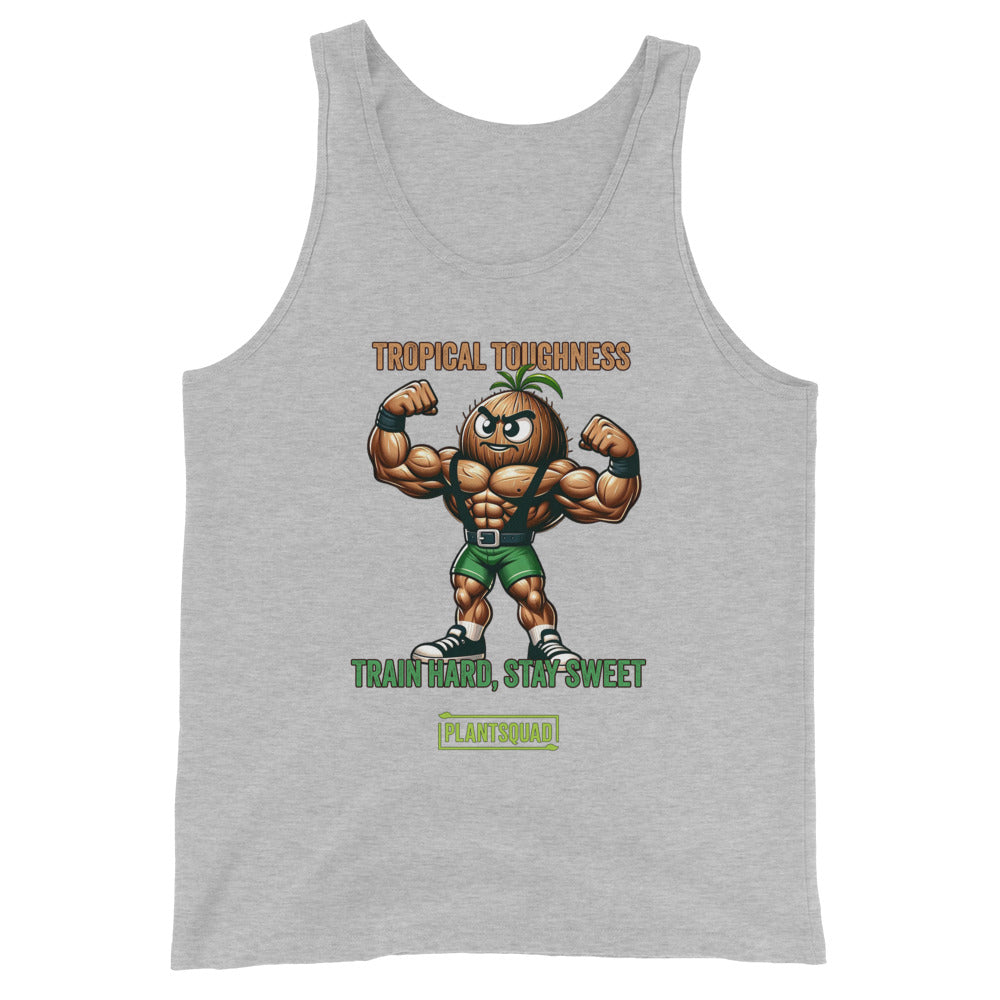 Sure, here's the sentence with the product name replaced:

The Plantsquad Coconut "Tropical Toughness Train Hard Stay Sweet" - Unisex Tank Top is a black sleeveless tank top featuring an illustration of a muscular anthropomorphic pineapple flexing its biceps. The text "Tropical Toughness" is written above the pineapple, and "Train Hard, Stay Sweet" along with "Plant Squad" is written below it—perfect vegan gym wear for a plant-based lifestyle.